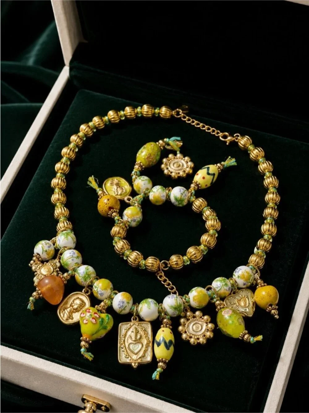 Gold-tone Necklace with Green, Yellow and White Beaded Charms